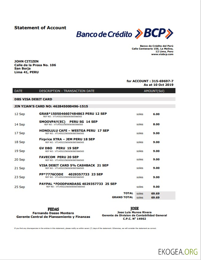 Pérou Relevé bancaire de la Banco de Credito del Peru (BCP)